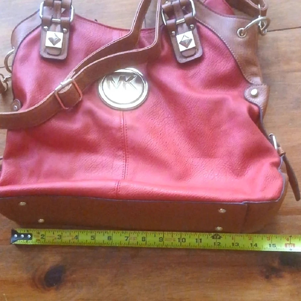 Michael Kors Red and Tan Shoulder Bag with Metallic Accents Double Handles